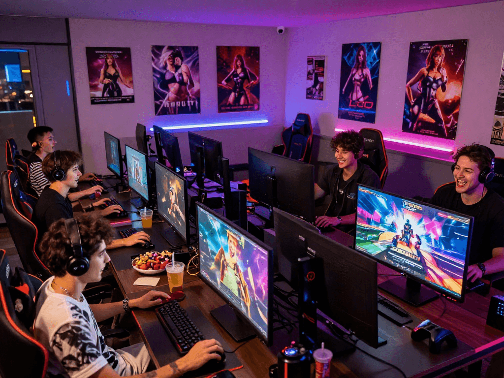 Friends enjoying sex games online in a vibrant gaming lounge with dynamic visuals.