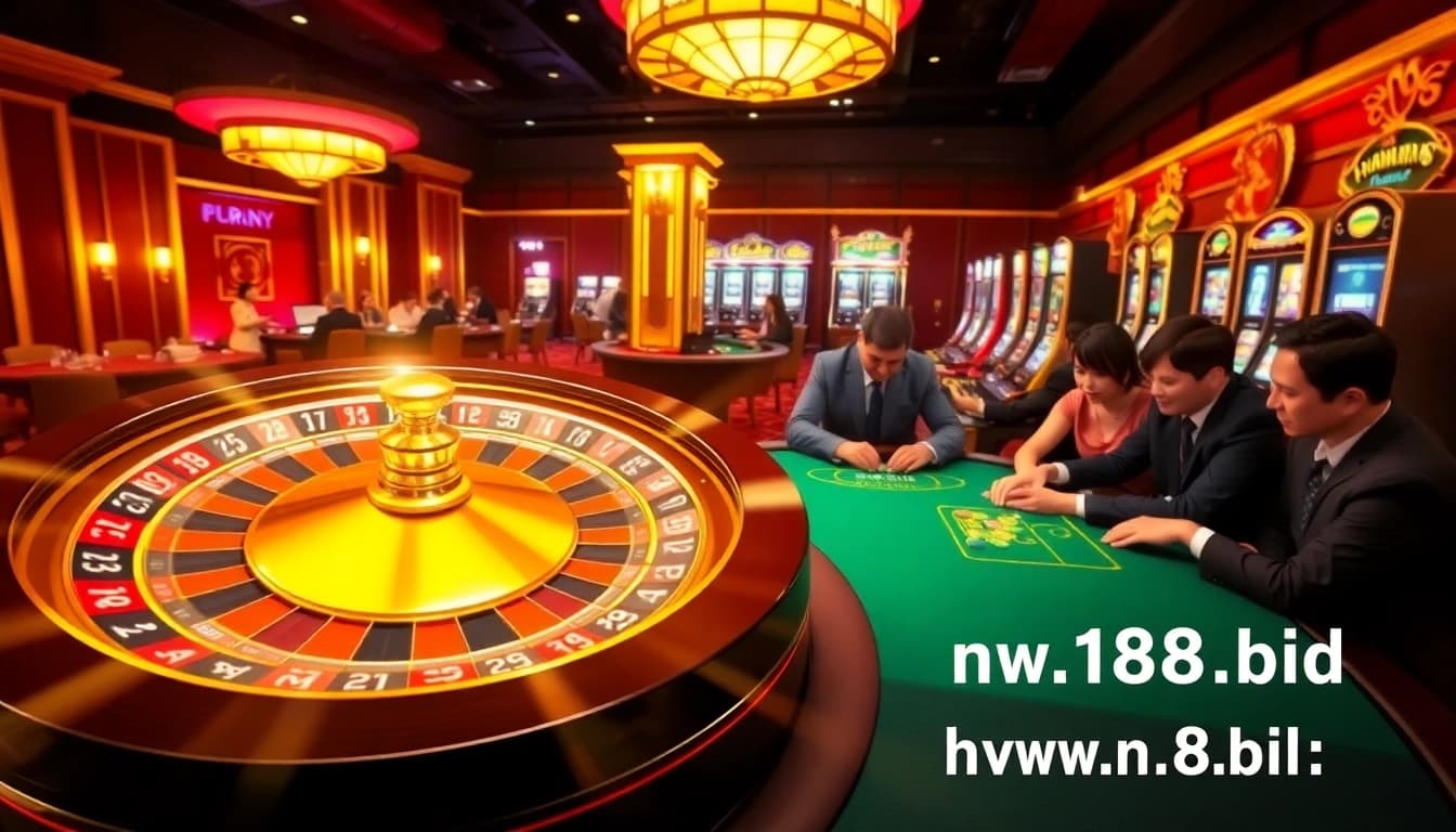 Experience lively gaming at https://n188.bid/ featuring bright slot machines and a spinning roulette wheel.