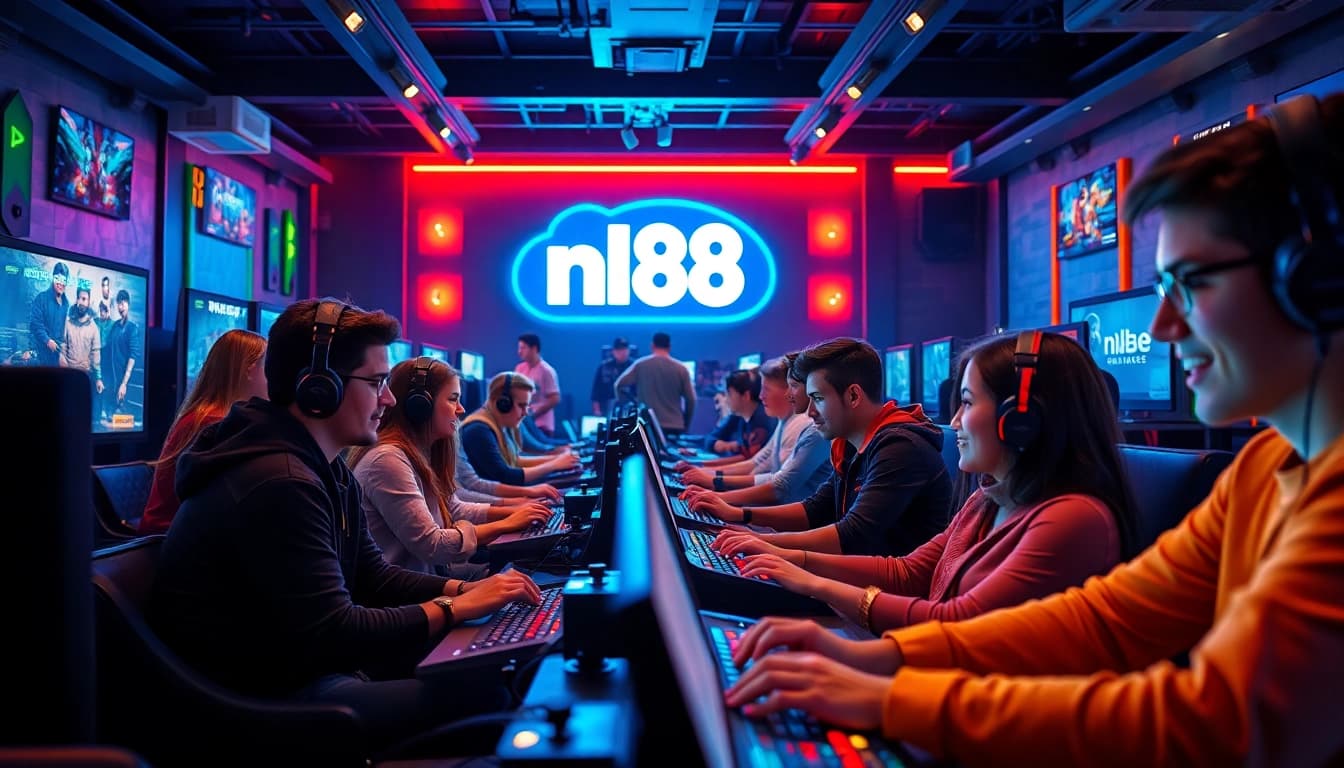 Engaging gamers in vibrant nk88 online gaming environment with colorful lighting.