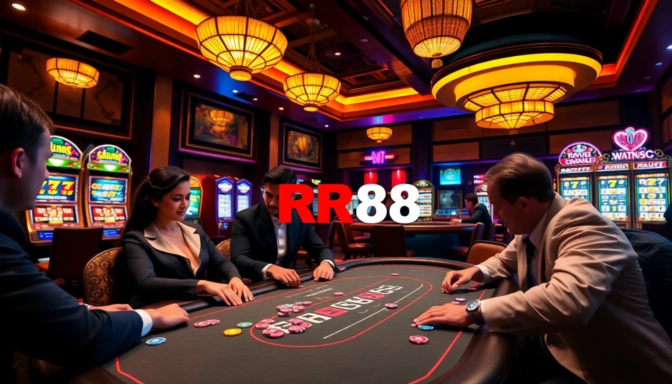RR88 gamblers enjoy vibrant poker action in a luxurious casino atmosphere.