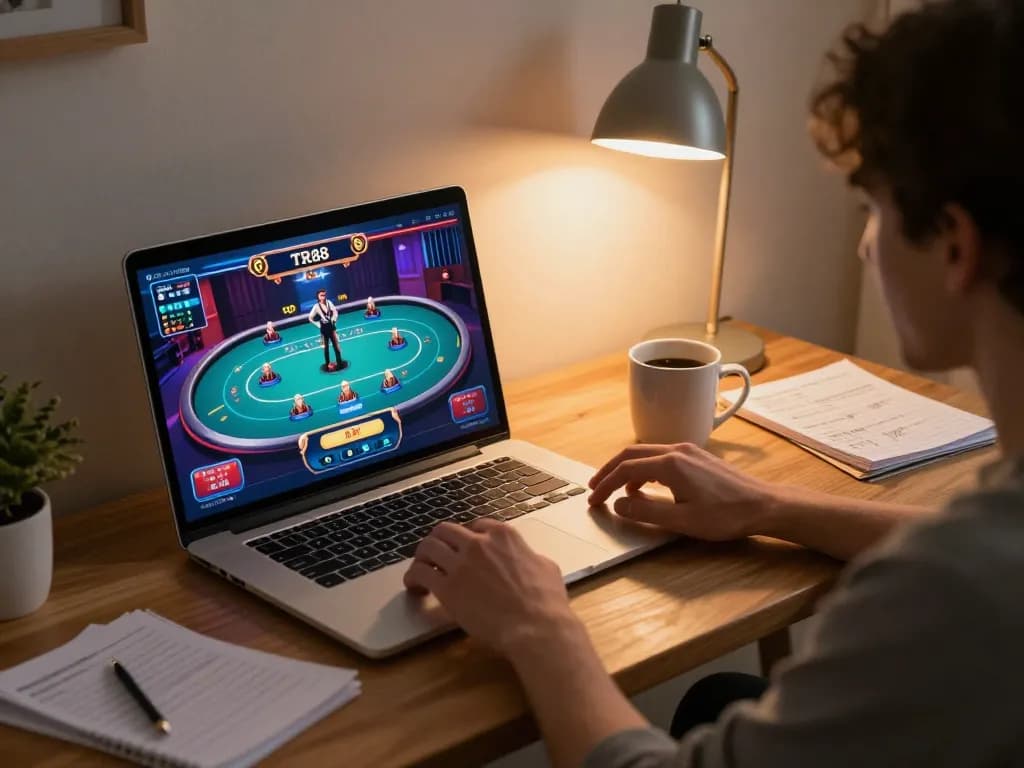 Player engages with TR88 online gaming, showcasing a vibrant casino screen at home