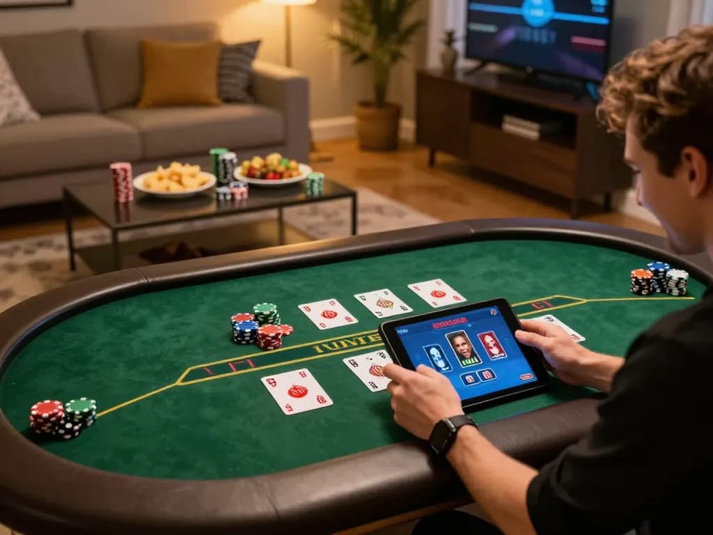 Engaged player enjoying online poker at https://nk88.actor/ in a cozy home setting.