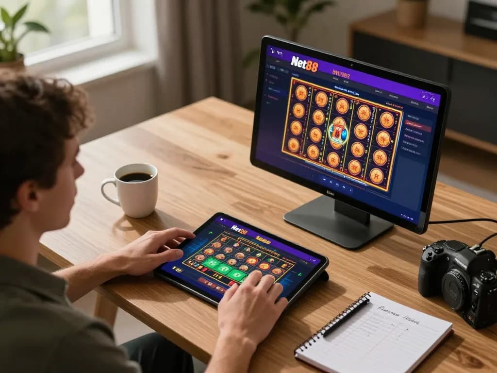 Engaging in online gambling at Net88 with a tablet and strategy notes in a cozy space