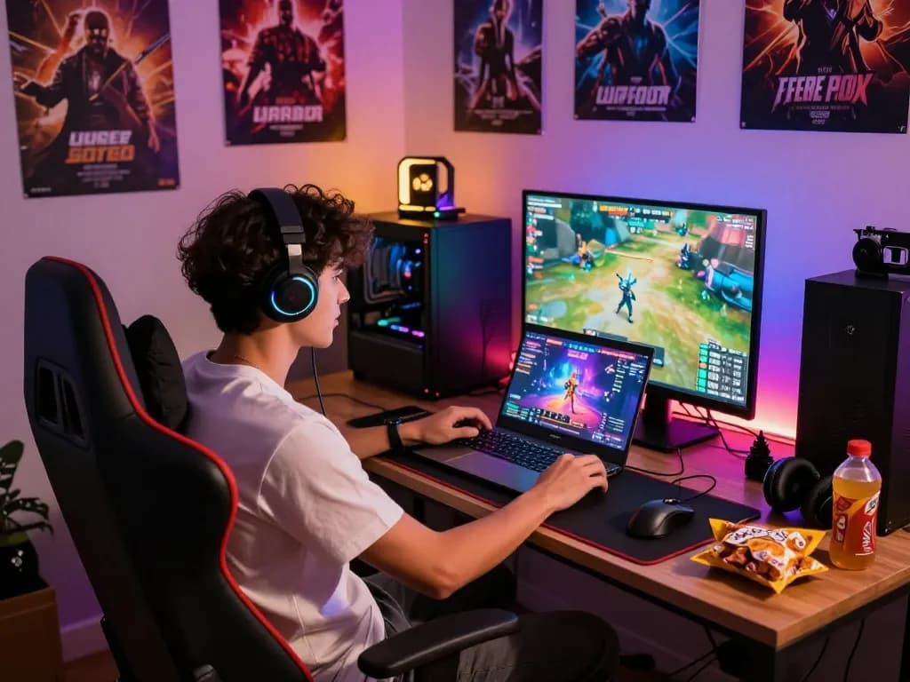 Engaging gamer enjoying free porn games on laptop in a vibrant gaming setup.