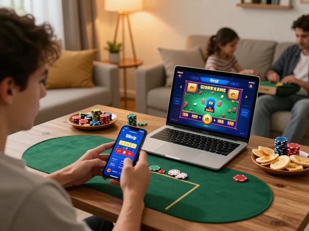 Player enjoying Rikvip mobile gaming on a smartphone in a cozy home setting with snacks.