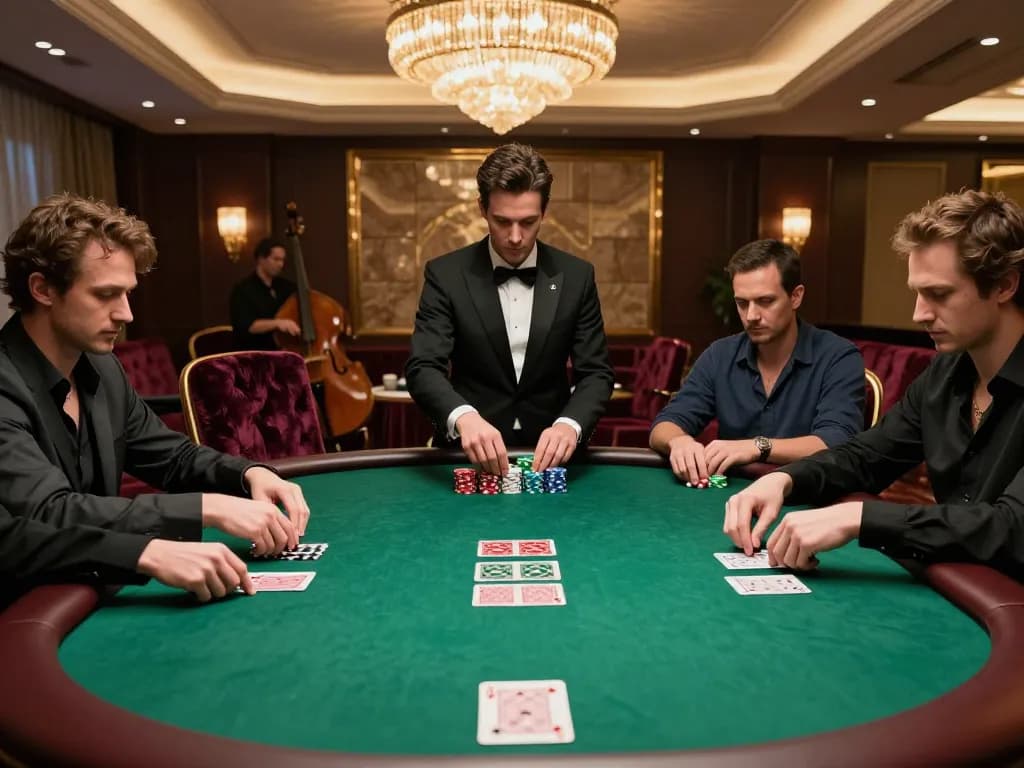 Poker players strategizing in upscale casino private room, cm88-t1 exciting atmosphere.