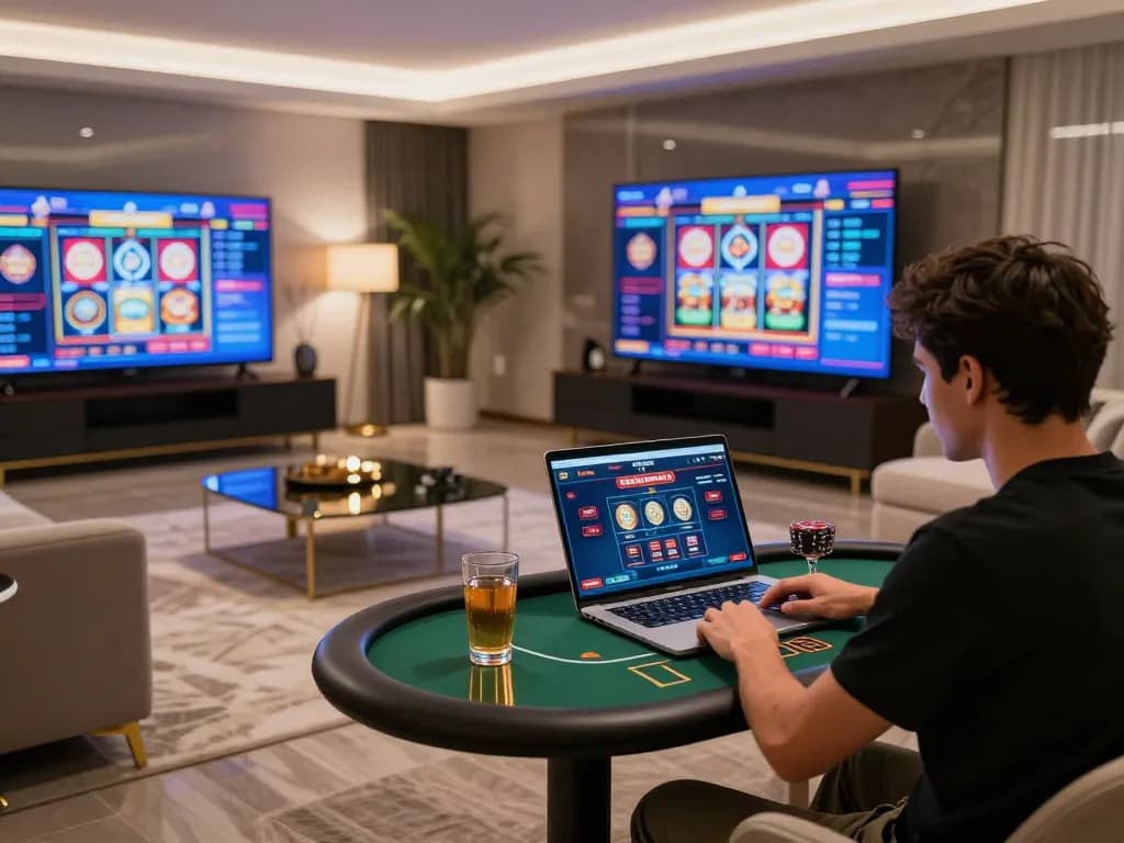 A player engaging in online poker at a stylish home setup, showcasing abc8 casino's modern gaming experience.