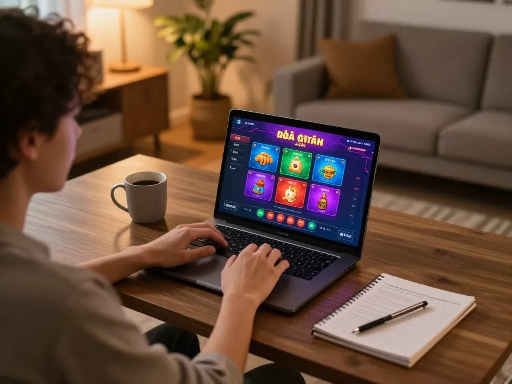 Engaging scene of game bài đổi thưởng being played on a laptop in a cozy home setup, showcasing a vibrant gaming interface.