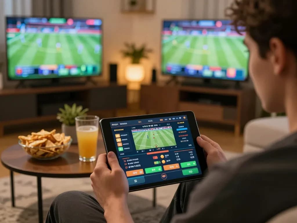 Player engaging in sports betting on a tablet at home, mb66 interface visible with strategic decisions being made.