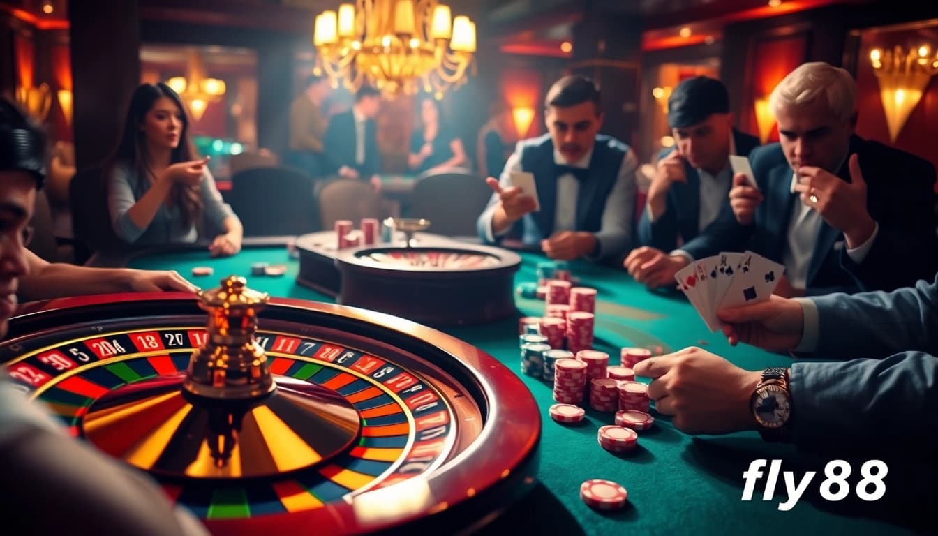Experience the thrill of fly88 casino gaming with vibrant roulette and intense poker action.