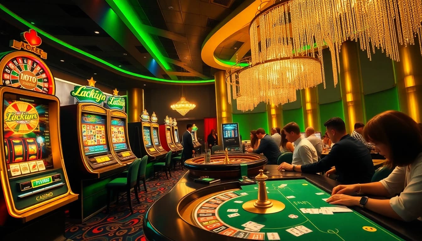Exciting scene of players engaging with luckywin lott games at a vibrant casino.