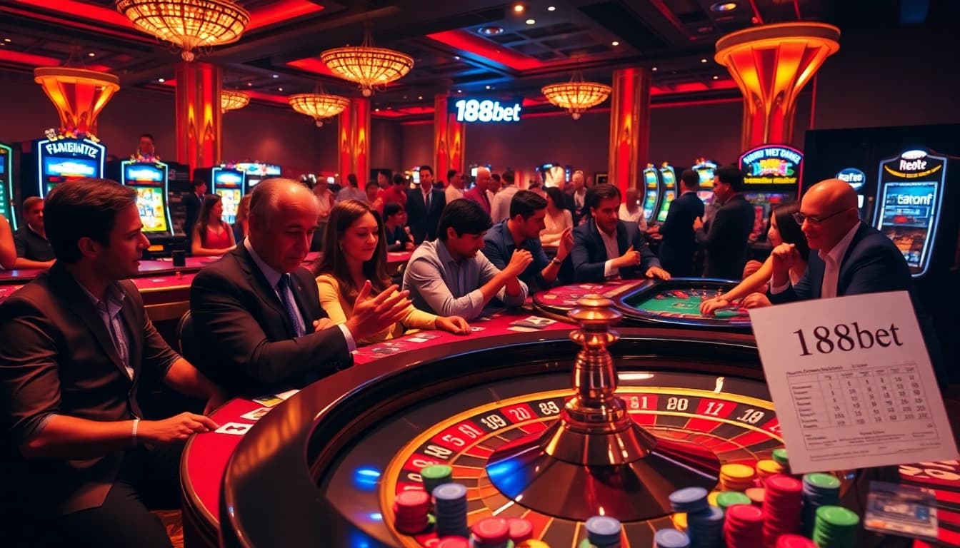 Players enjoying a thrilling roulette game at 188bet, surrounded by vibrant casino elements and betting excitement.
