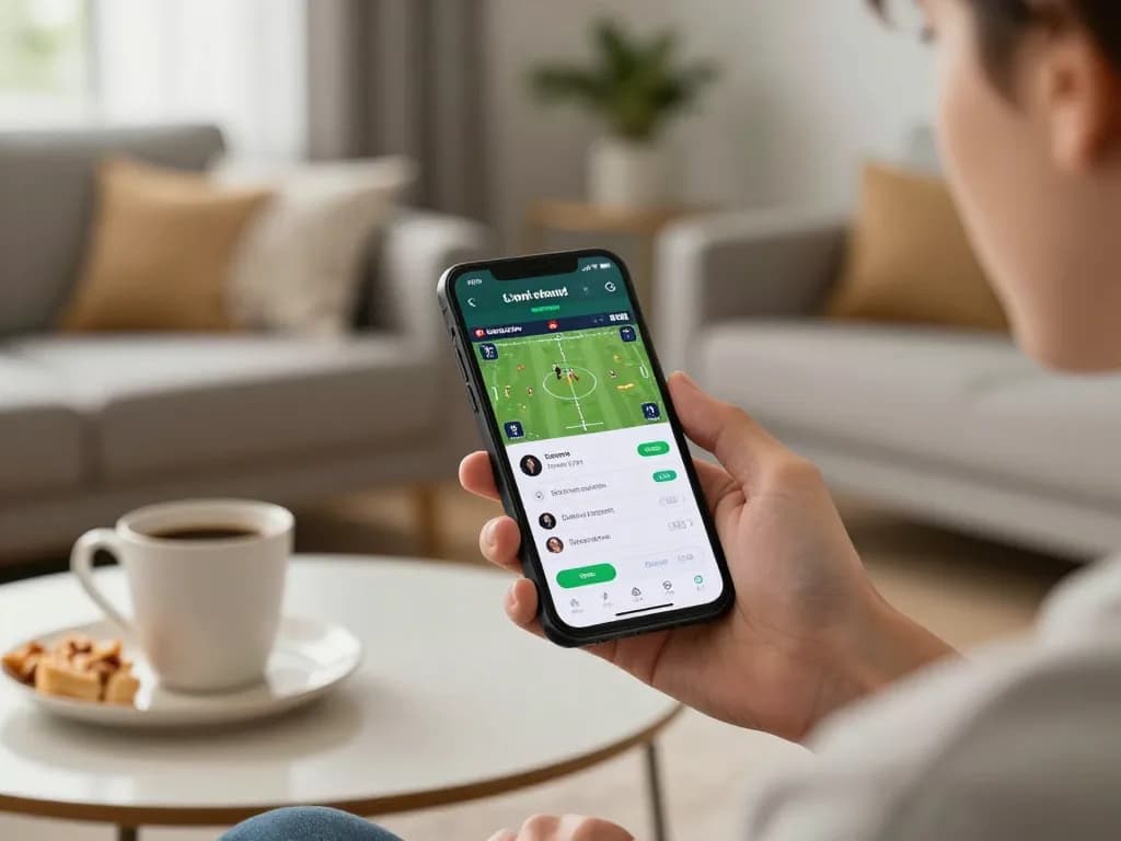Person placing bets on 33win mobile app in a cozy living room setting, highlighting strategic betting.