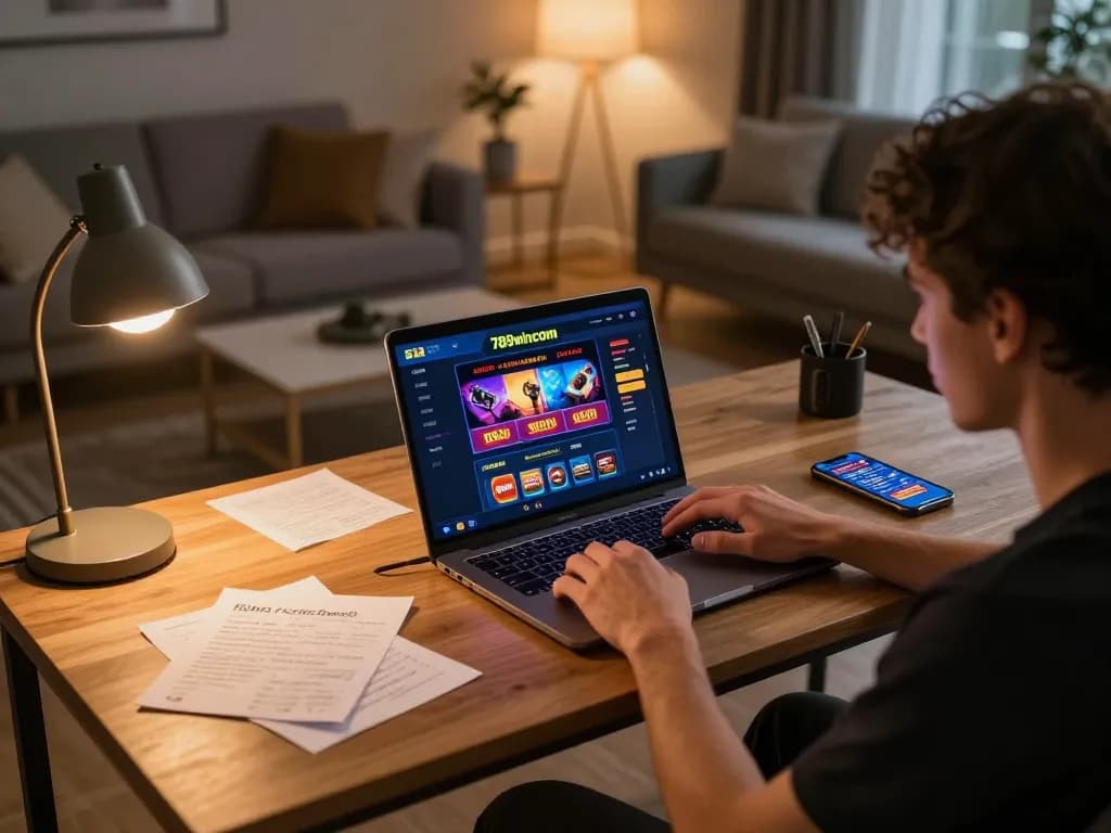 Player engaging with 789wincom online casino on laptop, showcasing cozy gaming environment.