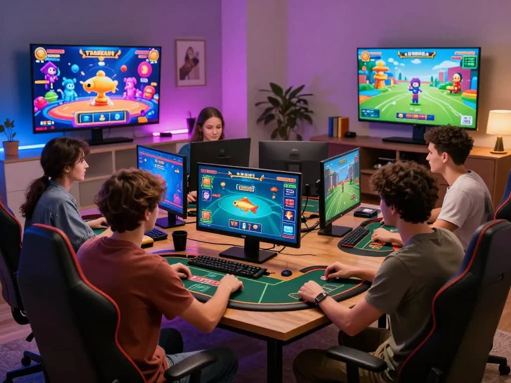 Friends enjoying online gaming at DA88 in a cozy living room with vibrant game visuals.