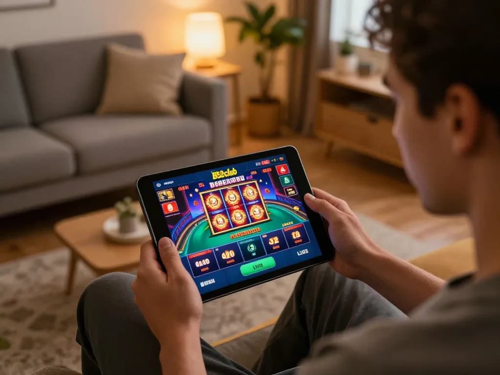 B52club player engaging with online slots and poker on a tablet in a cozy home setup.