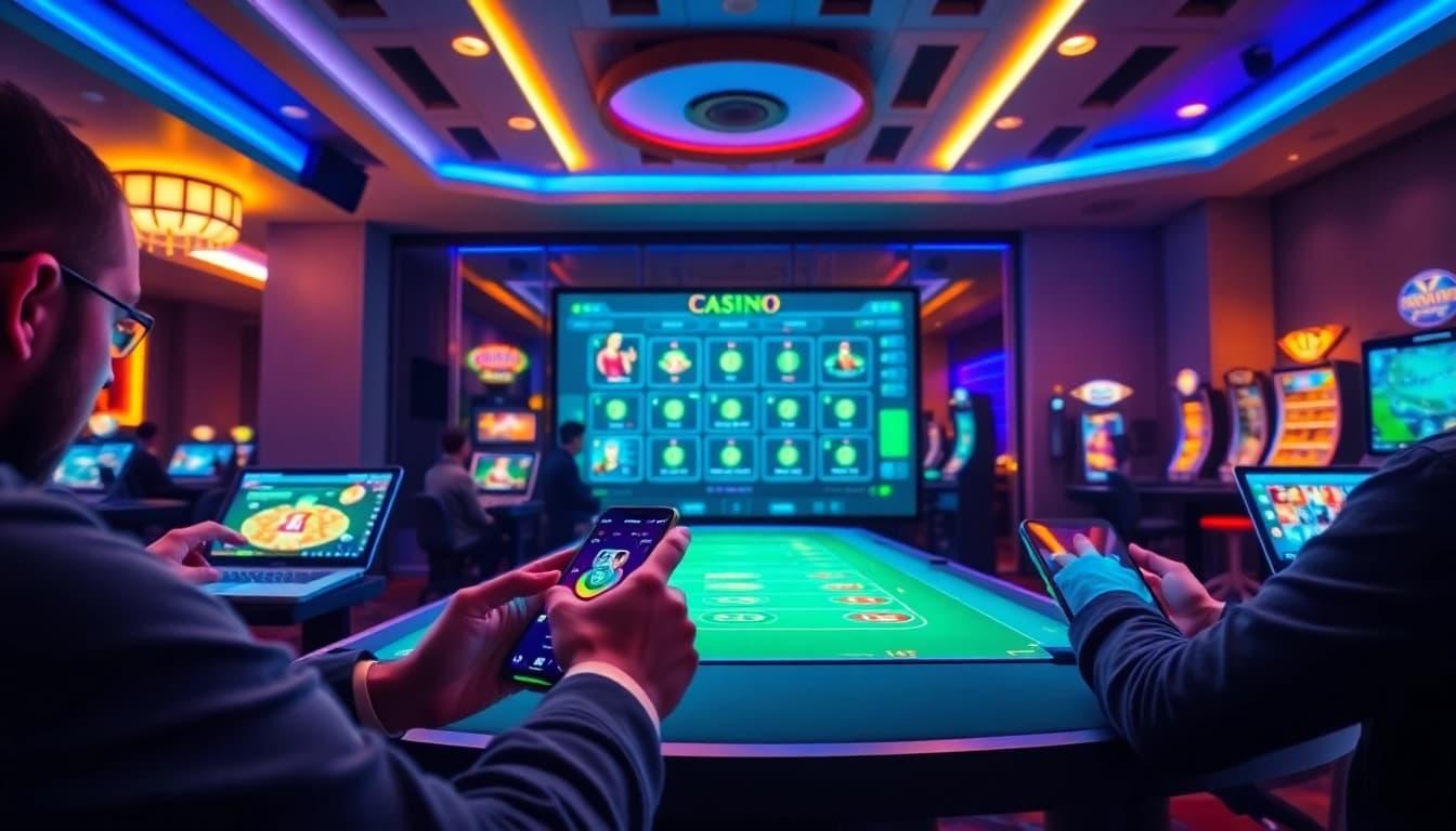 Exciting online gaming scene showcasing 77EE platform with players engaging on devices.
