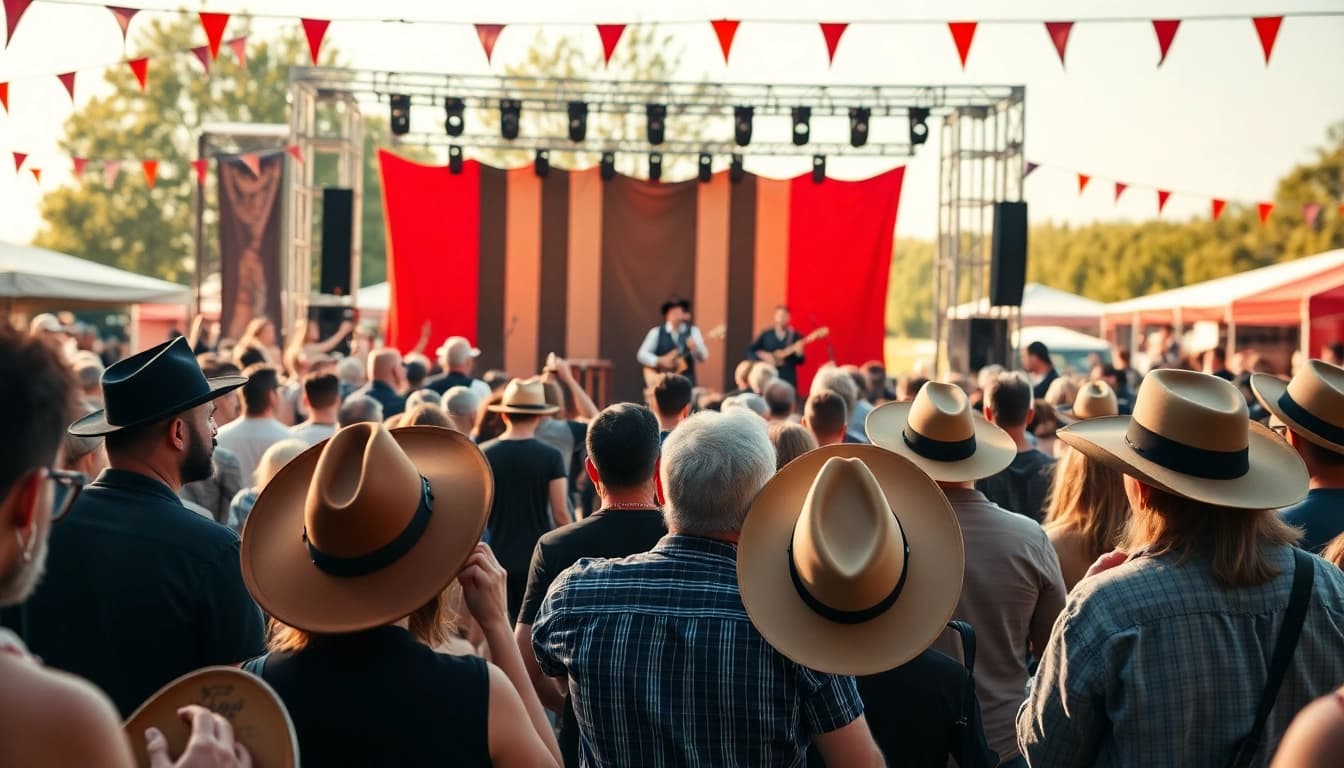 Celebrate with fans at the Johnny Cash birthday bash, highlighting johnnycashbirthday.com in a lively outdoor music festival.