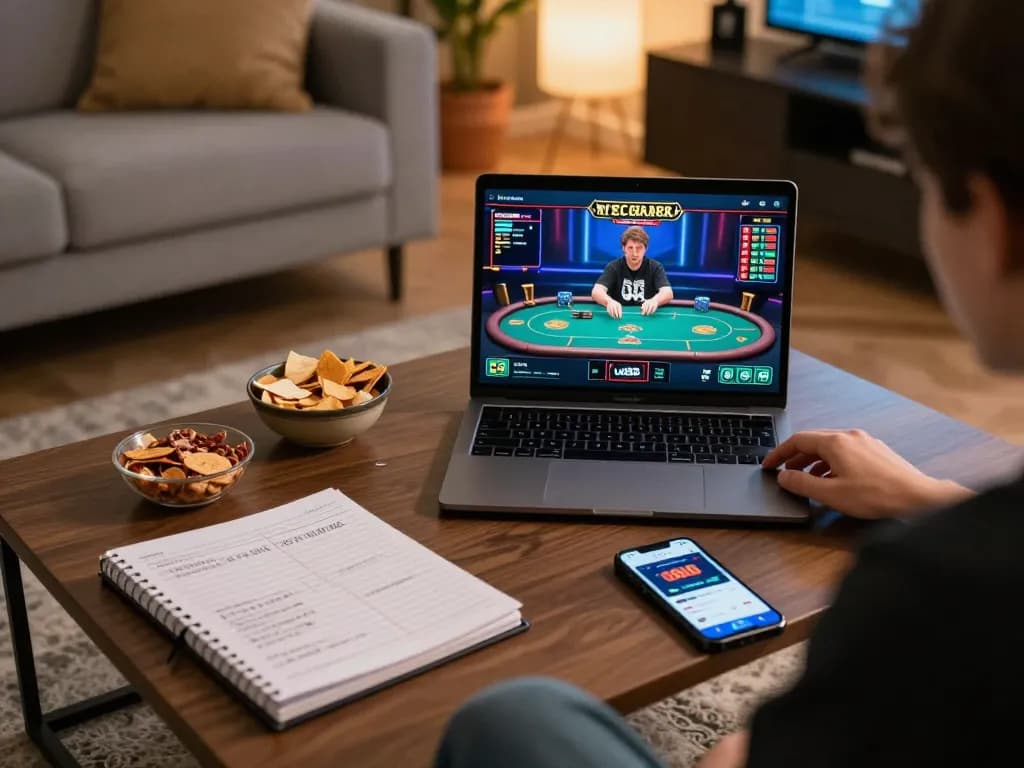 Player enjoying poker on u888 in a cozy home environment with strategic notes