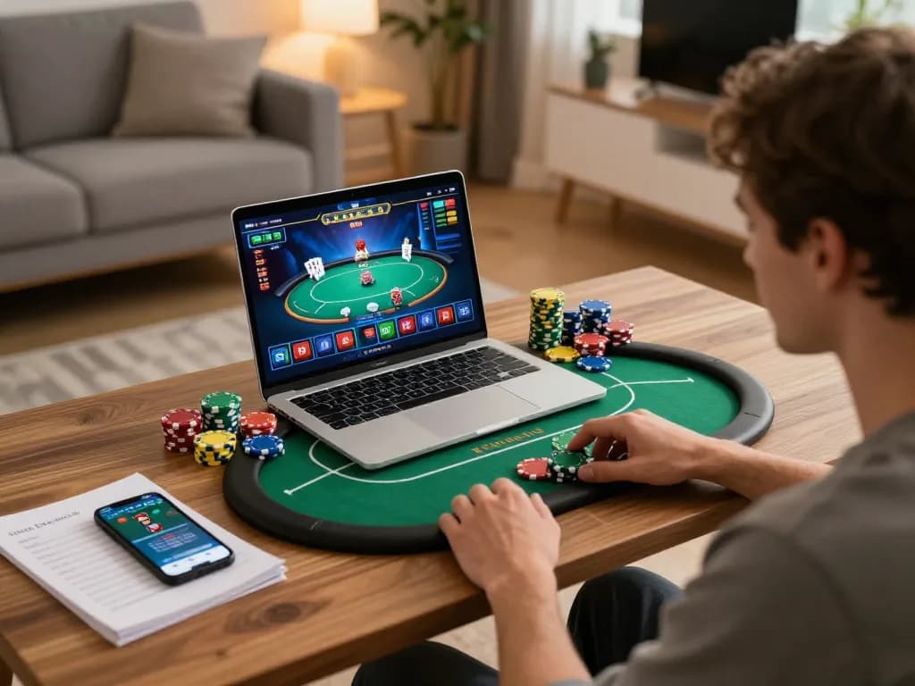 Engaging online gaming scene with c168 poker interface, cozy home setup and warm ambiance.