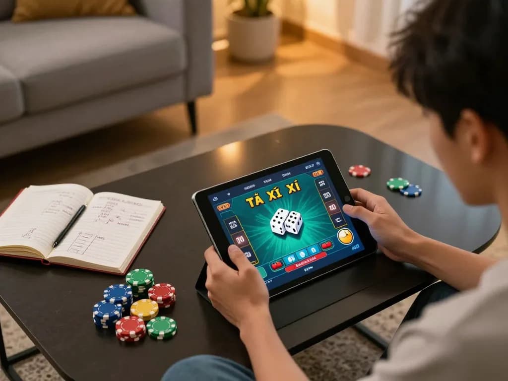 Tài xỉu online gaming session with player engaging in strategic betting from a cozy home