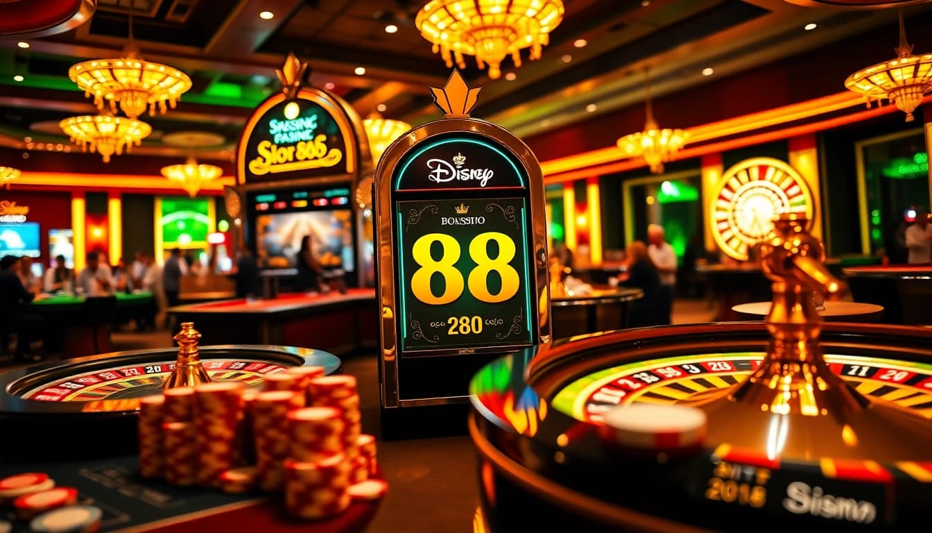 Experience the excitement of Big88 with a luxurious casino scene featuring vibrant slot machines and high-stakes tables.