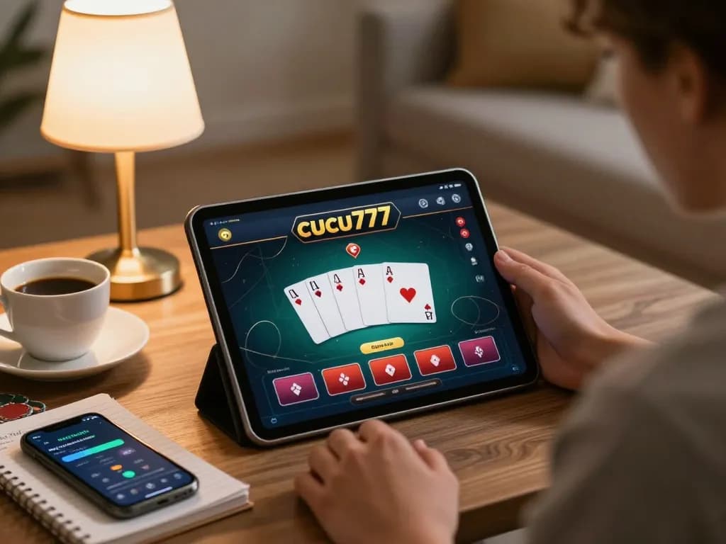 Cucu777 online gaming scene with a player engaged in poker on a tablet, showcasing a responsible play atmosphere.