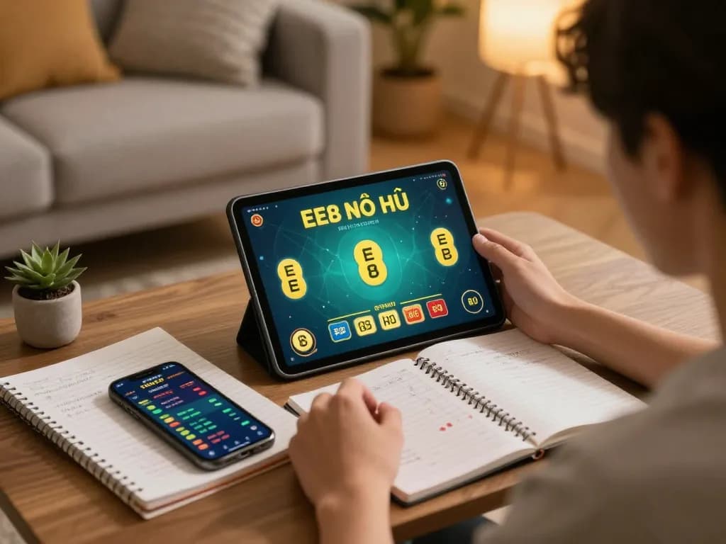 Playing EE88 Nổ Hũ strategy game on a tablet in a cozy home setting.