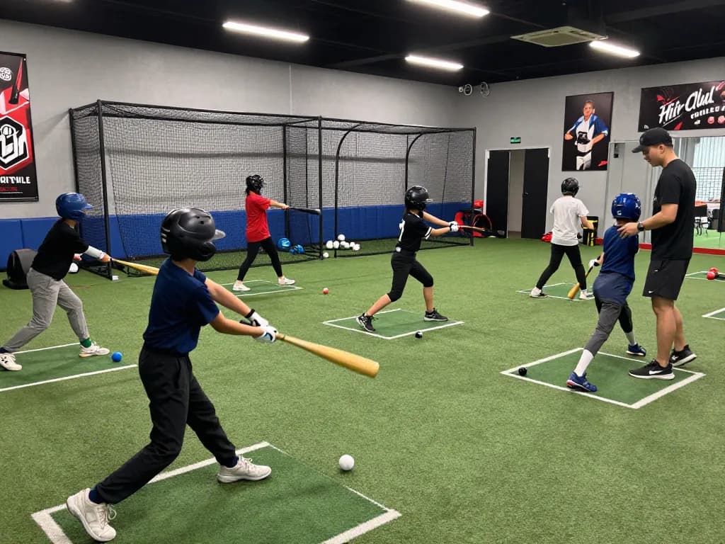 Hitclub indoor baseball training scene with athletes practicing and coaches guiding.