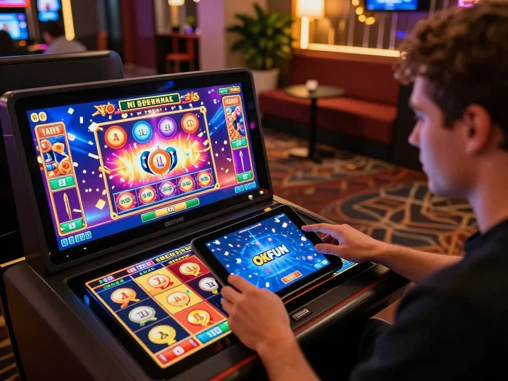 Player immersed in the excitement of online gaming at OKFUN, engaging with vibrant slots interface.