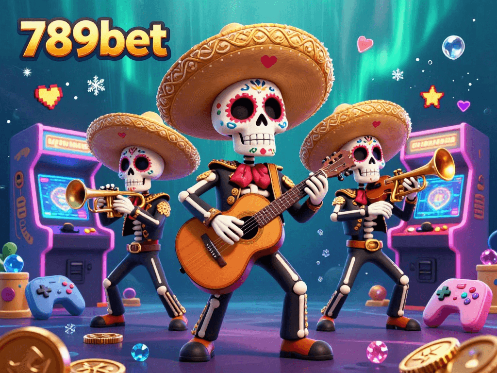 Experience vibrant gaming energy with the colorful 789bet mariachi band illustration amid arcade excitement.