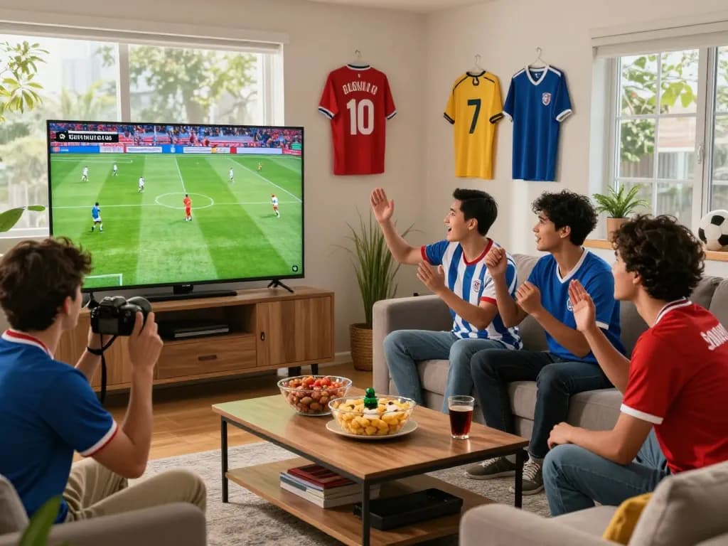 Friends enjoying live football on https://cakhiatv.design/ with snacks and jerseys in a cozy setting.