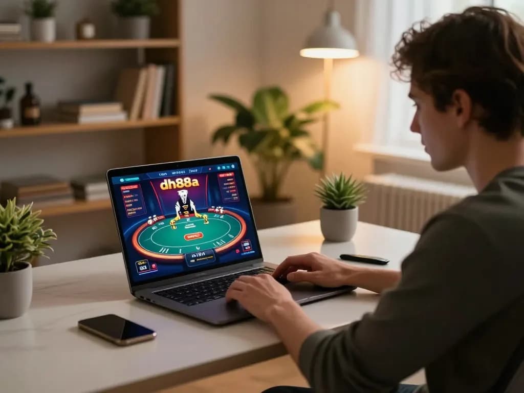 Player engaging in online poker at dh88a on laptop, showcasing a strategic game environment.