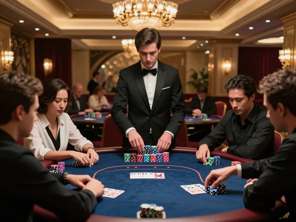 Exciting poker gameplay at fly 88's high-stakes casino, featuring intense players and luxurious decor.