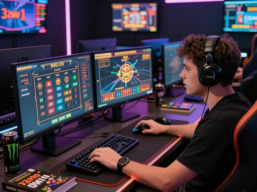 Player strategizing on 32win's online casino with multiple screens displaying games, showcasing focus and skill.