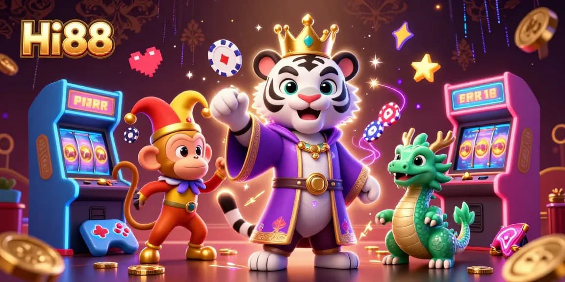 Experience Hi88's vibrant gaming world with the tiger and monkey in a casino-themed illustration.