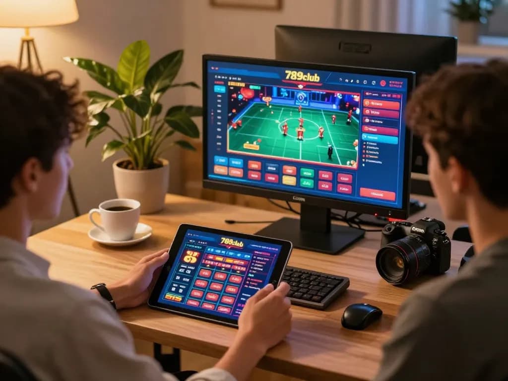 Engaging in online casino gaming at 789club using a tablet with warm home atmosphere.