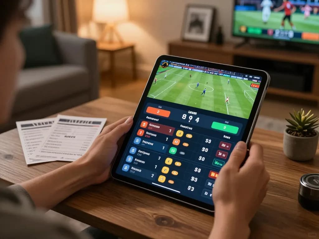 EE88 player engaged in live sports betting on tablet, vibrant and strategic betting interface displayed.