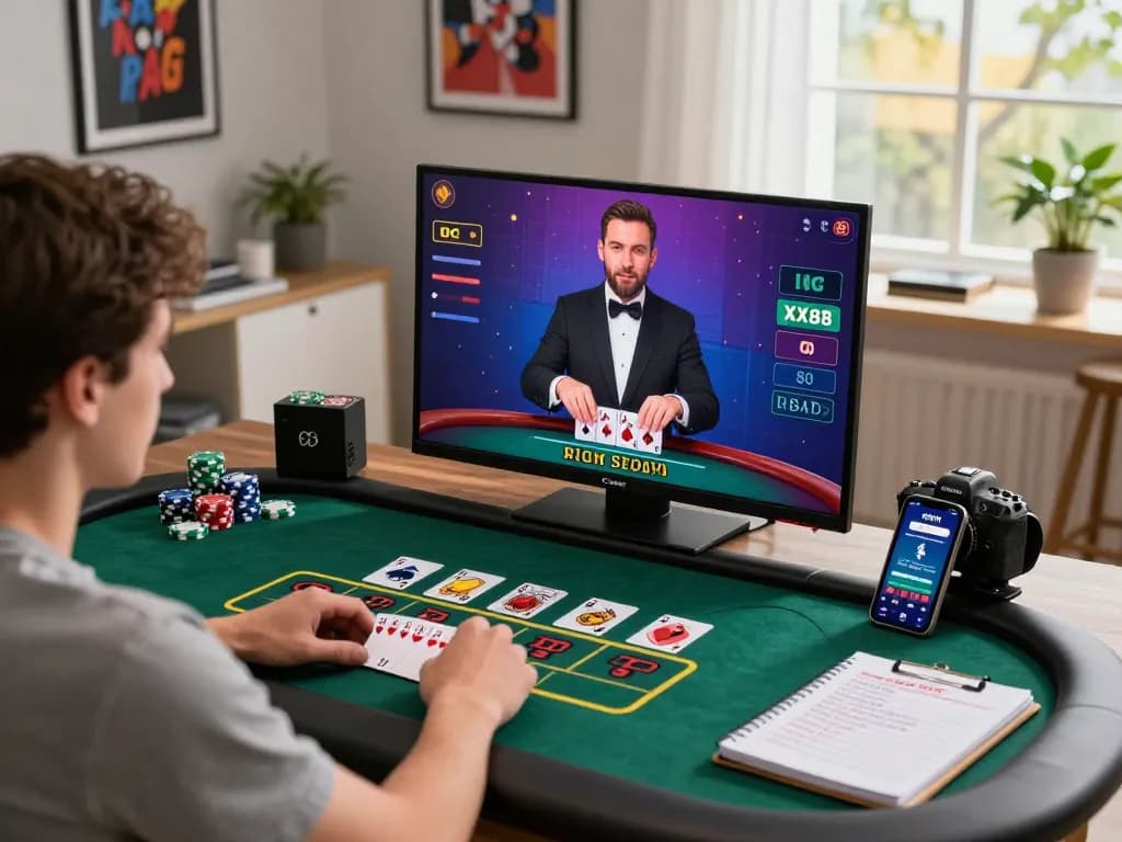 Engaging gaming scene with a player at XX88 live casino in a stylish home office