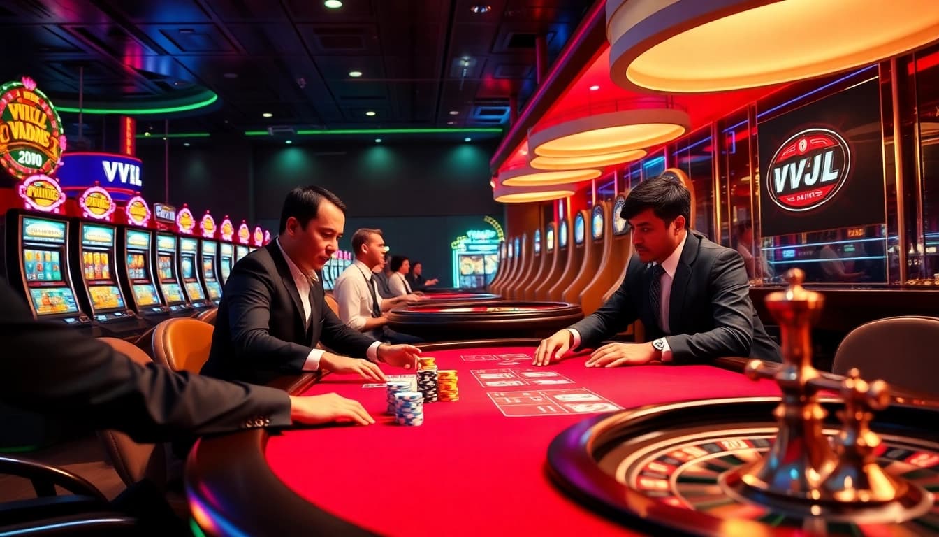 Experience the thrill of poker at VVJL Casino with expert players and vibrant gaming elements.