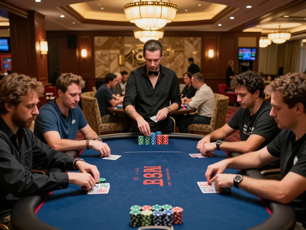 Players engaging in poker strategy at the km777 casino, showcasing excitement and high stakes during a tournament.
