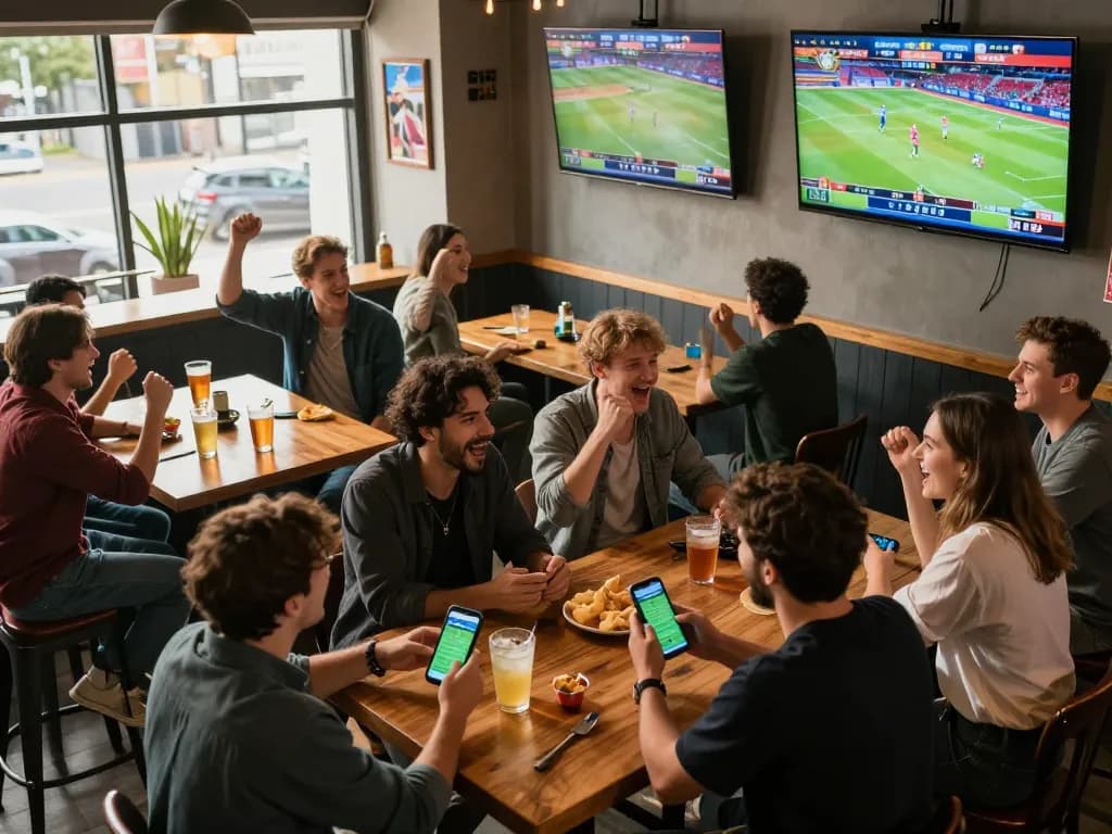 Engaged patrons at a vibrant sports bar using keobongda for live betting strategies.