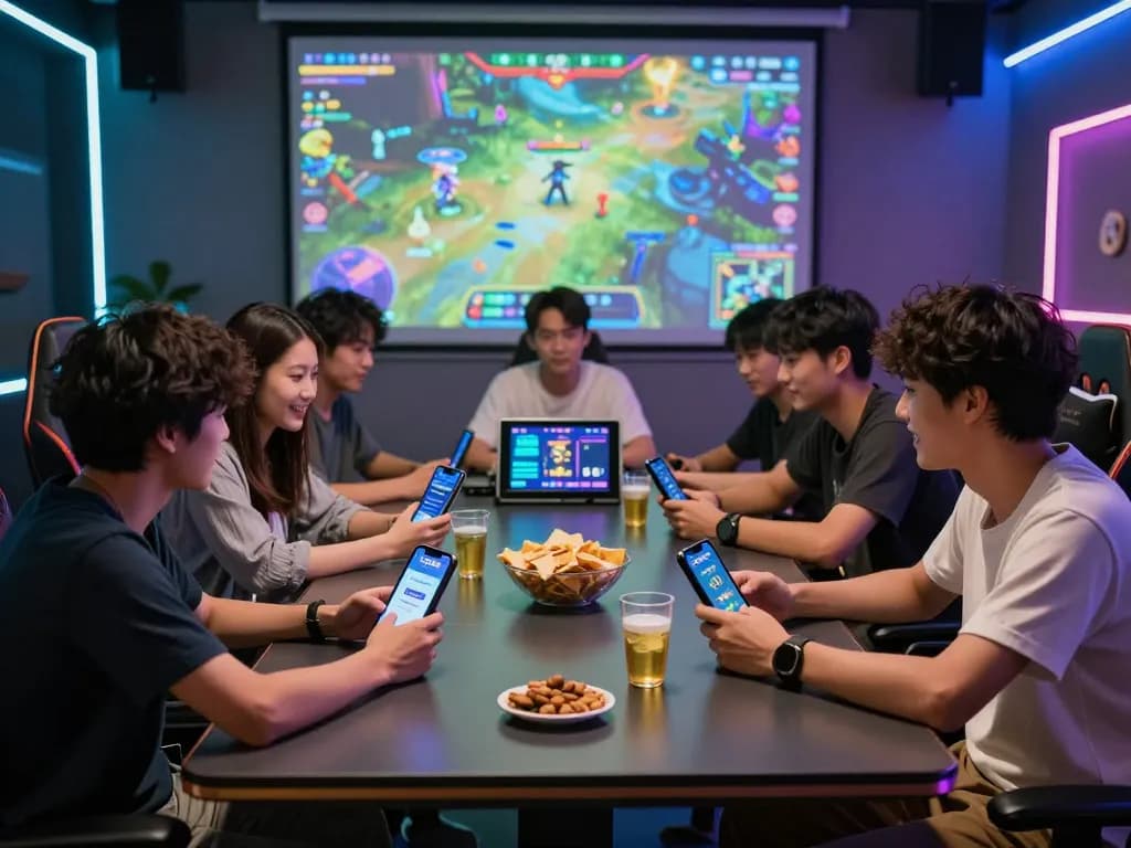 Engaged gamers using the SC88 app in a vibrant gaming room.