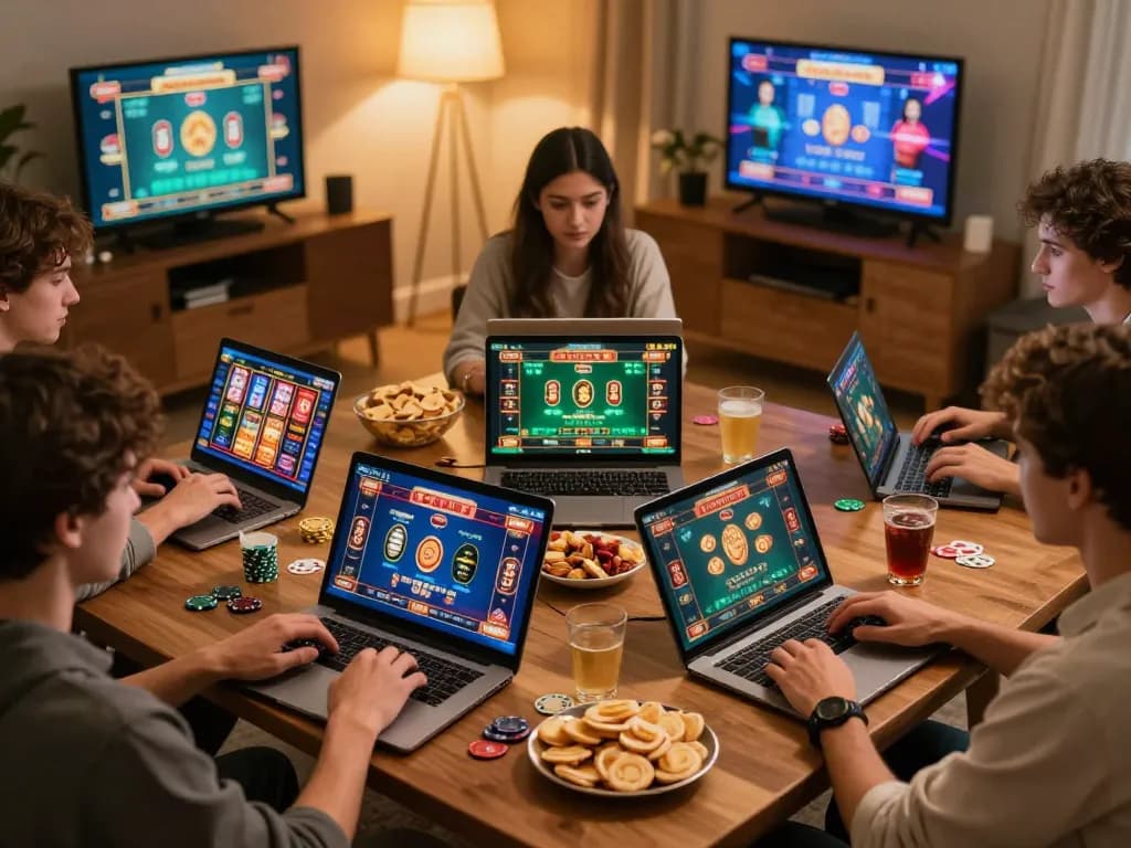 Players enjoying online casino games on multiple devices with hay88x in a cozy home setting.