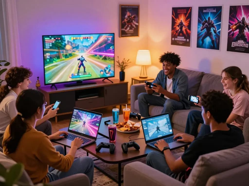 Exciting group gaming experience at home, showing friends playing while downloading tải hitclub on laptops and devices.