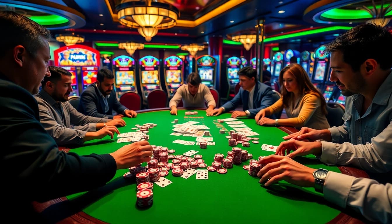 Experience the thrill of winning at KUWIN's vibrant poker table surrounded by excited players.