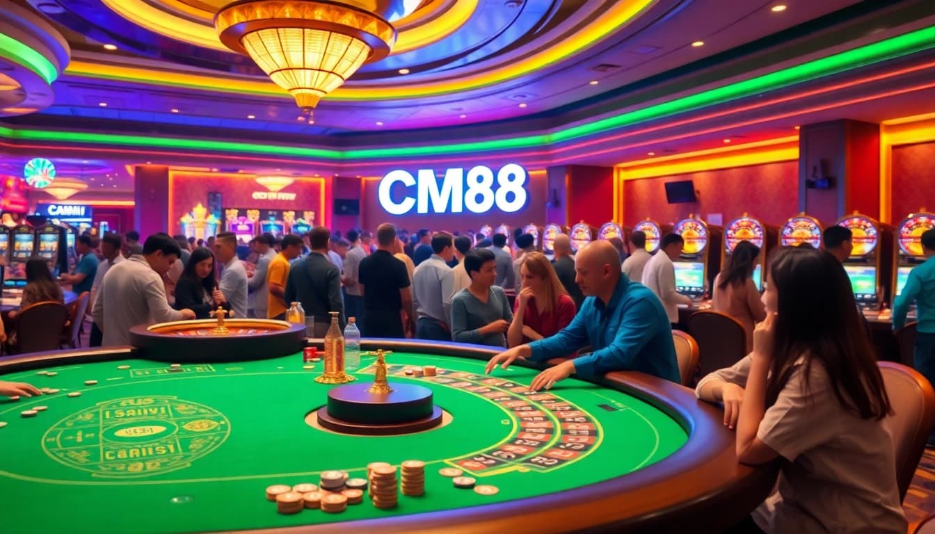 Experience the thrill of gambling at CM88 casino, featuring vibrant poker tables and exciting slot machines.