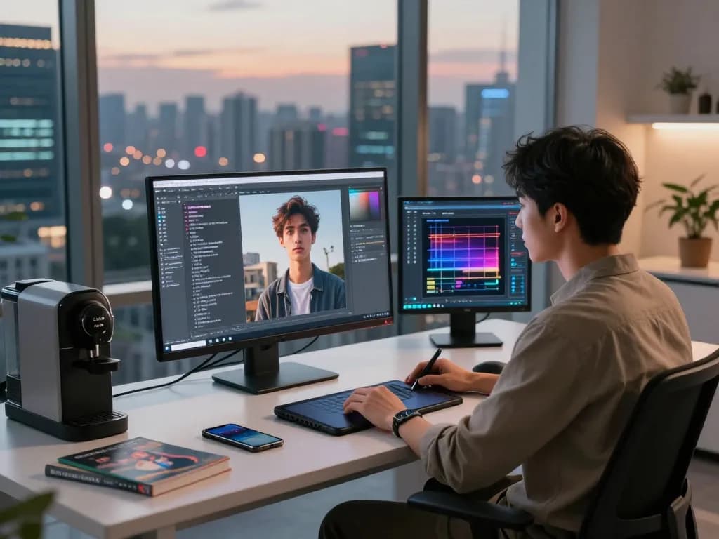 Creating an image to prompt in a modern AI workspace with designer reviewing generated text prompts.