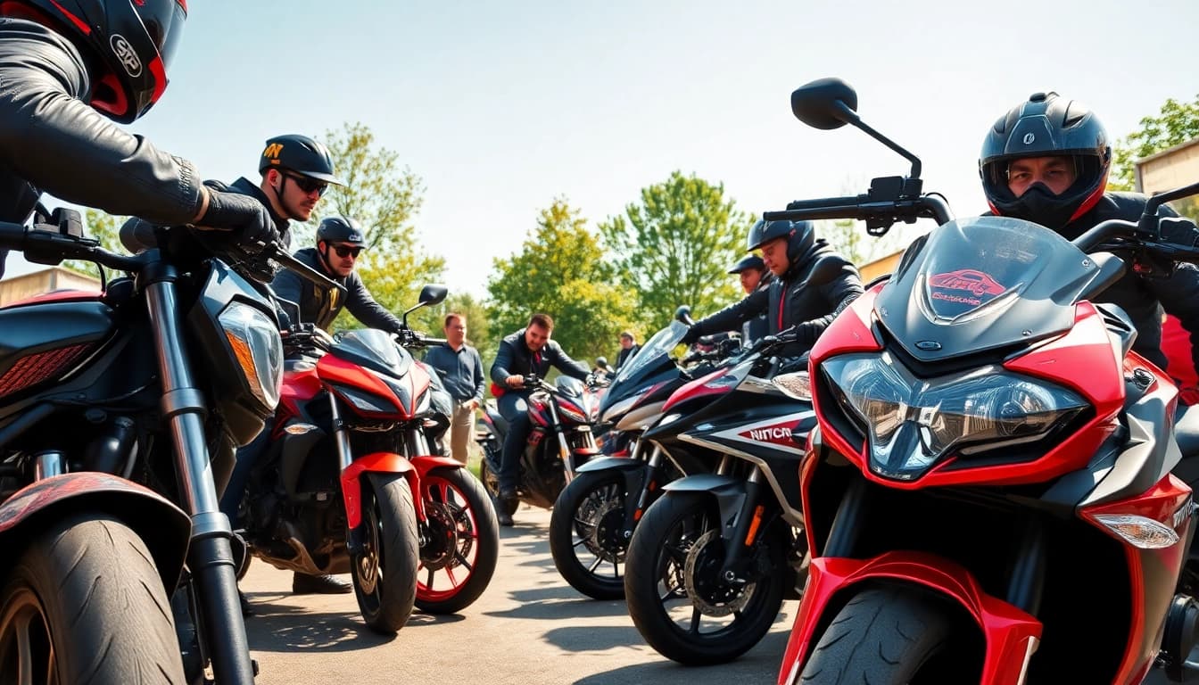 Présentation des accessoires de moto Motopaco avec des designs vibrant et des motards enthousiastes.