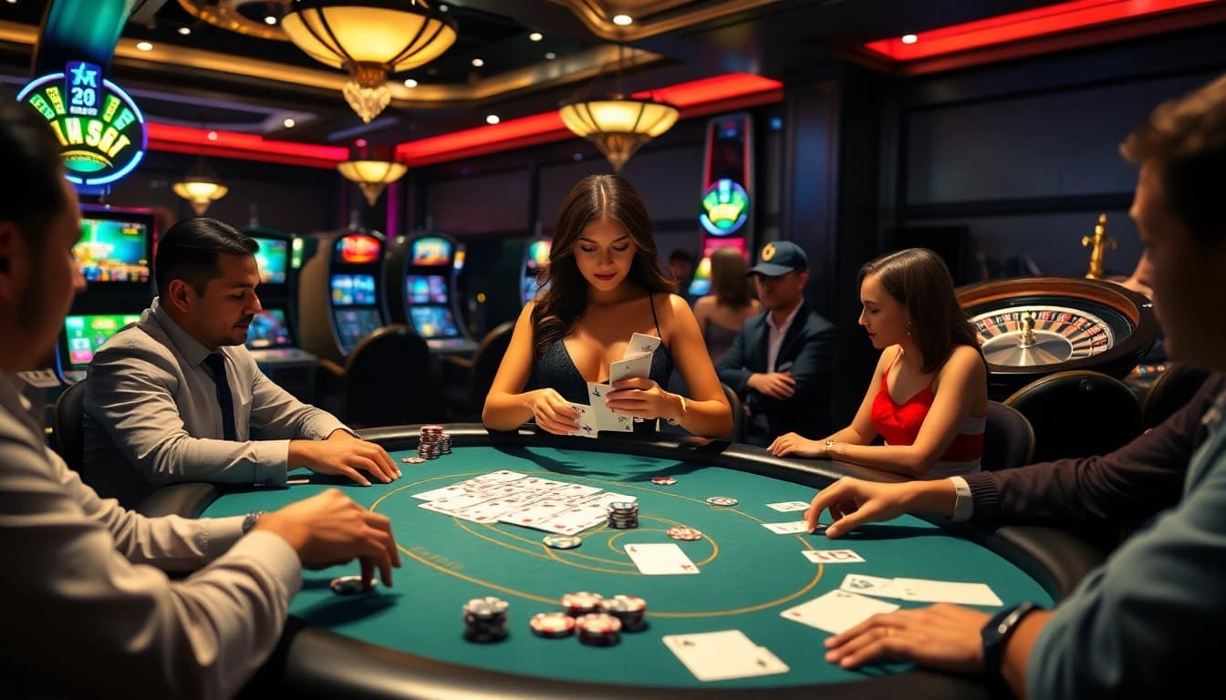 Casino excitement surrounding poker table at Kp88 with players placing bets and dealer shuffling cards.